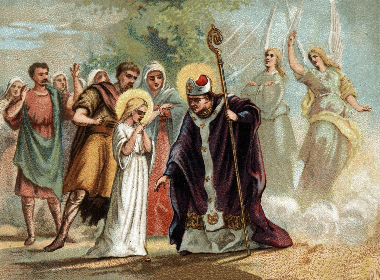 Saint Germain gab Sainte Genevieve (422-502), Schutzpatronin von Paris, eine Medaille. Chromolithographie um 1890 von Unknown artist