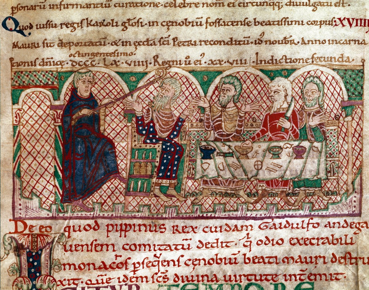 Der heilige Maurus wird am Tisch von Gaidulfe von Ravenna empfangen. Miniatur aus 