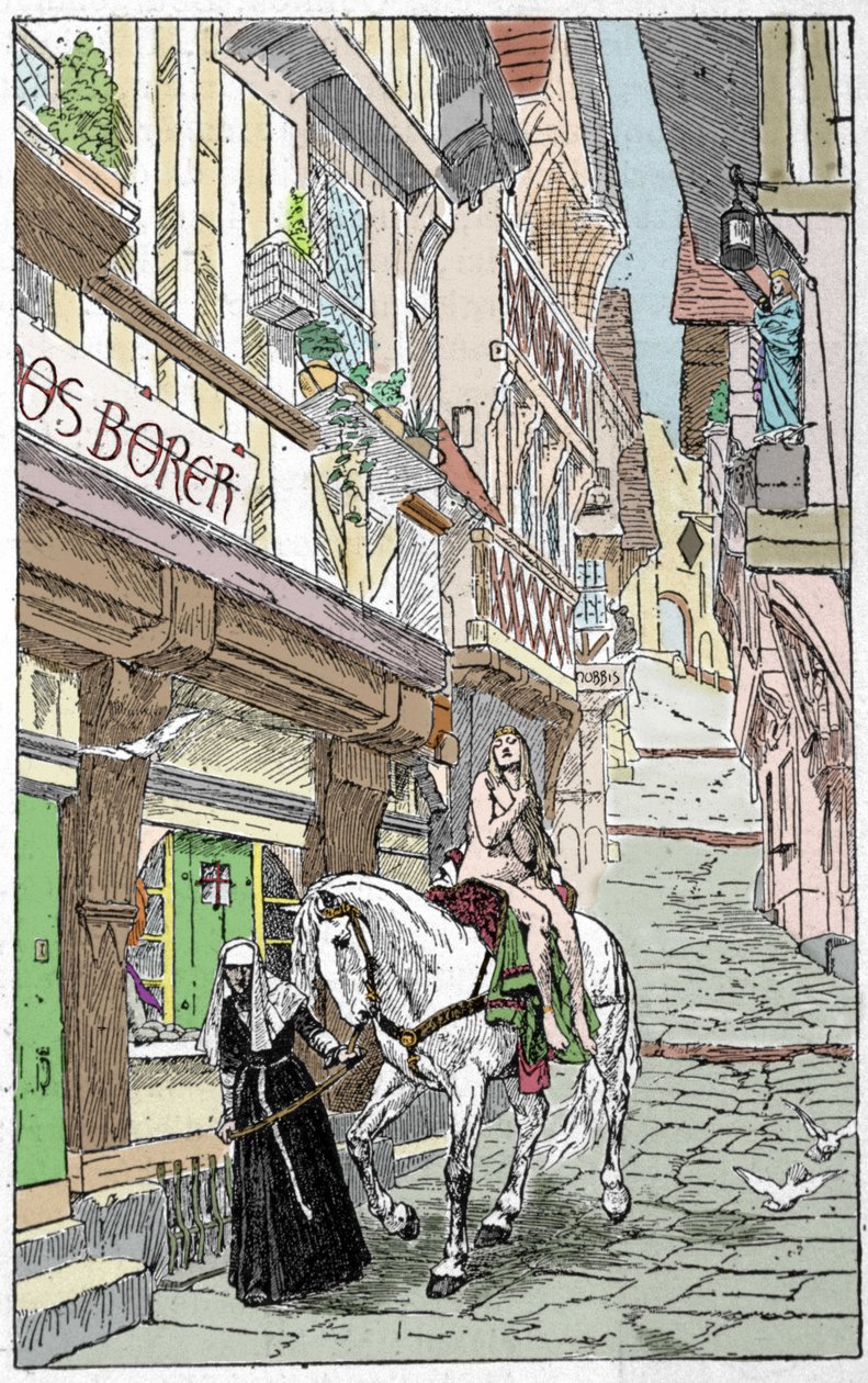 Sächsische Legende: Godiva (Lady Godiva oder Godgifu), eine sächsische Frau, die zu Beginn des Jahres 1000 nackt zu Pferd durch die Straßen von Coventry in England ritt, um ihren Mann zu überzeugen, die Steuern zu senken, die er zur Finanzierung seiner Mil von Unknown artist