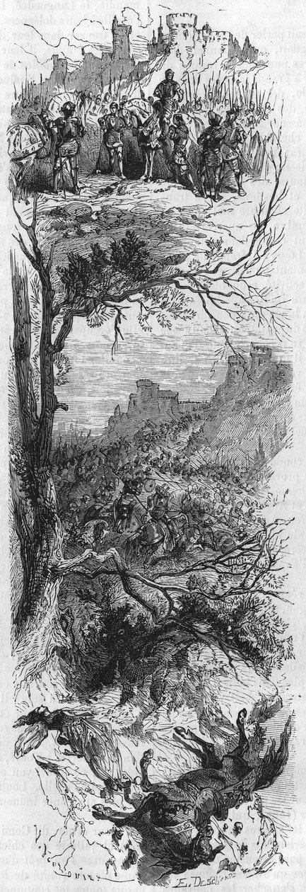 Szenen von Schlachten. Ludwig XI. überreichte Raoul de Lannoi eine Halskette (1481), Kampf von Therouanne (1480) und Marie de Bourgogne verletzt durch einen Sturz vom Pferd (1482). Gravur aus dem 19. Jahrhundert. von Unknown artist