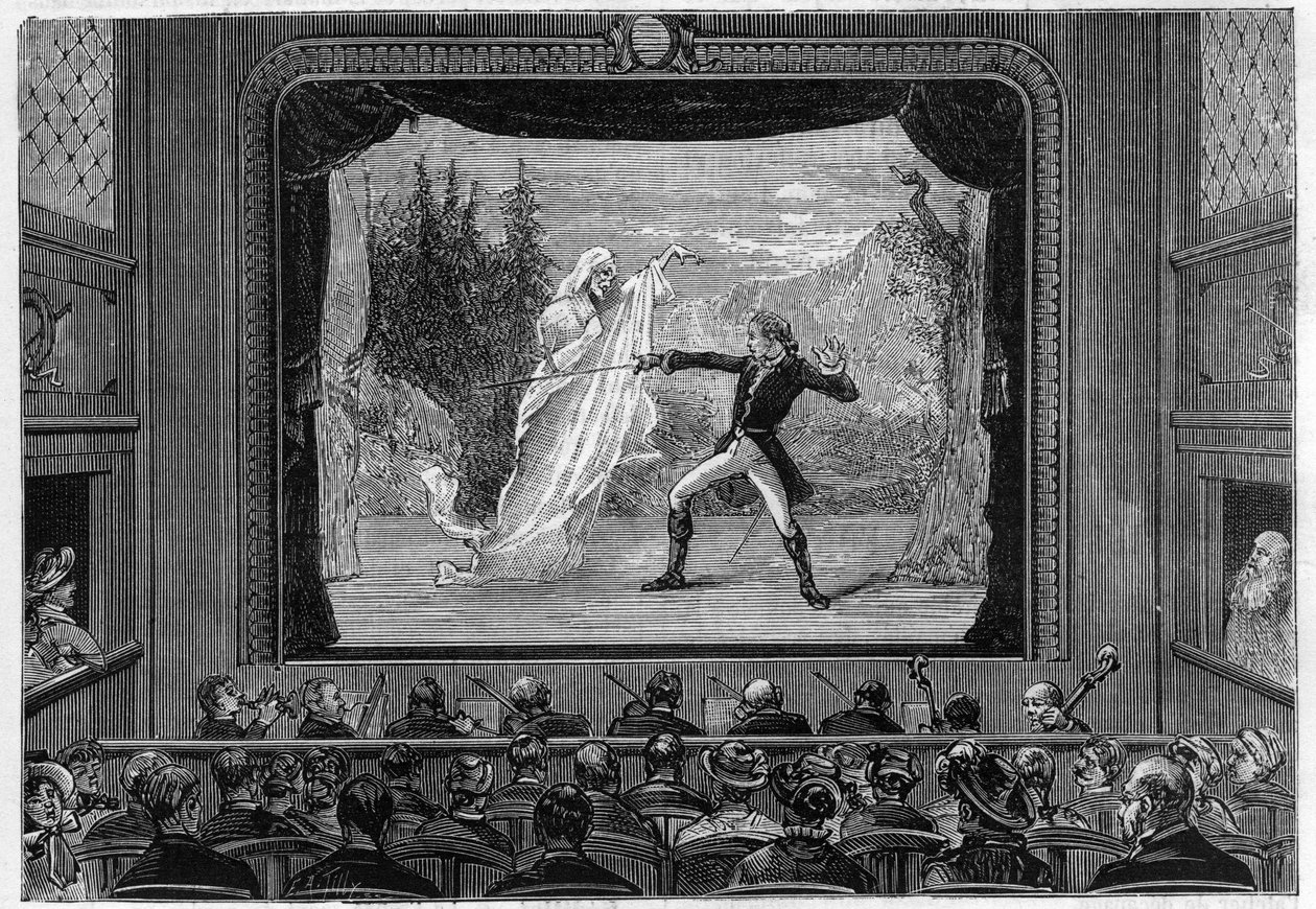 Wissenschaftliche Shows: lebende Spektren. Erleben Sie die Spektren auf der Theaterbühne. Ein Komiker kämpft gegen einen Geist. Gravur in „La Nature“ von Unknown artist