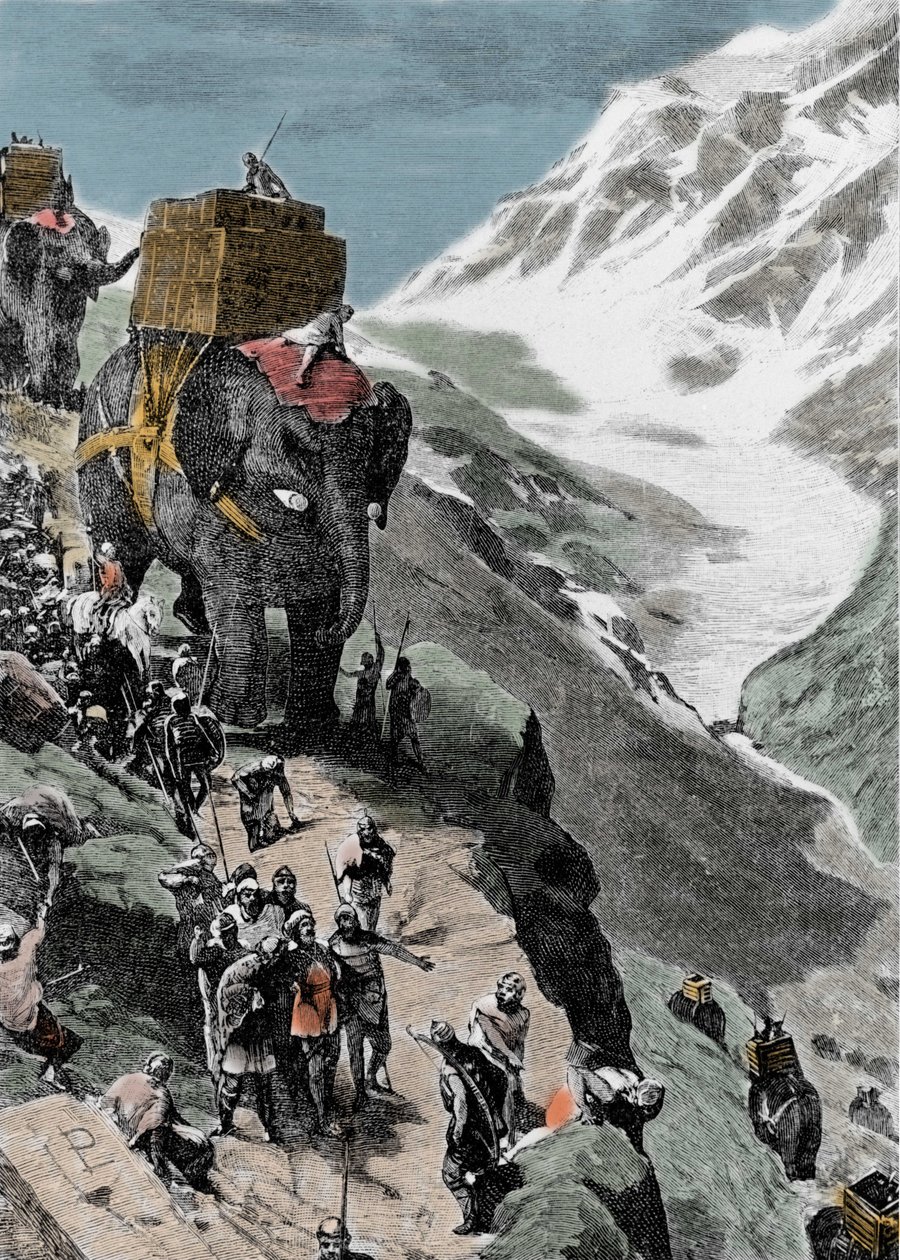 Zweiter Punischer Krieg. Die Armee von Hannibal Barca überquert die Alpen, 218 v. Chr. Italienische Gravur des 19. Jahrhunderts. von Unknown artist