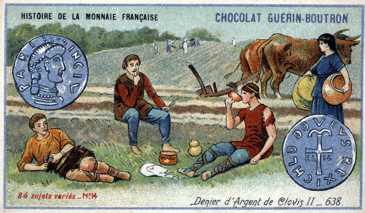 Serie Histoire de la Monnaie Française veröffentlicht von Chocolat Guérin Boutron. Chromolithographie 19. Jahrhundert. Silberdenar von Clovis II im Jahr 638 von Unknown artist