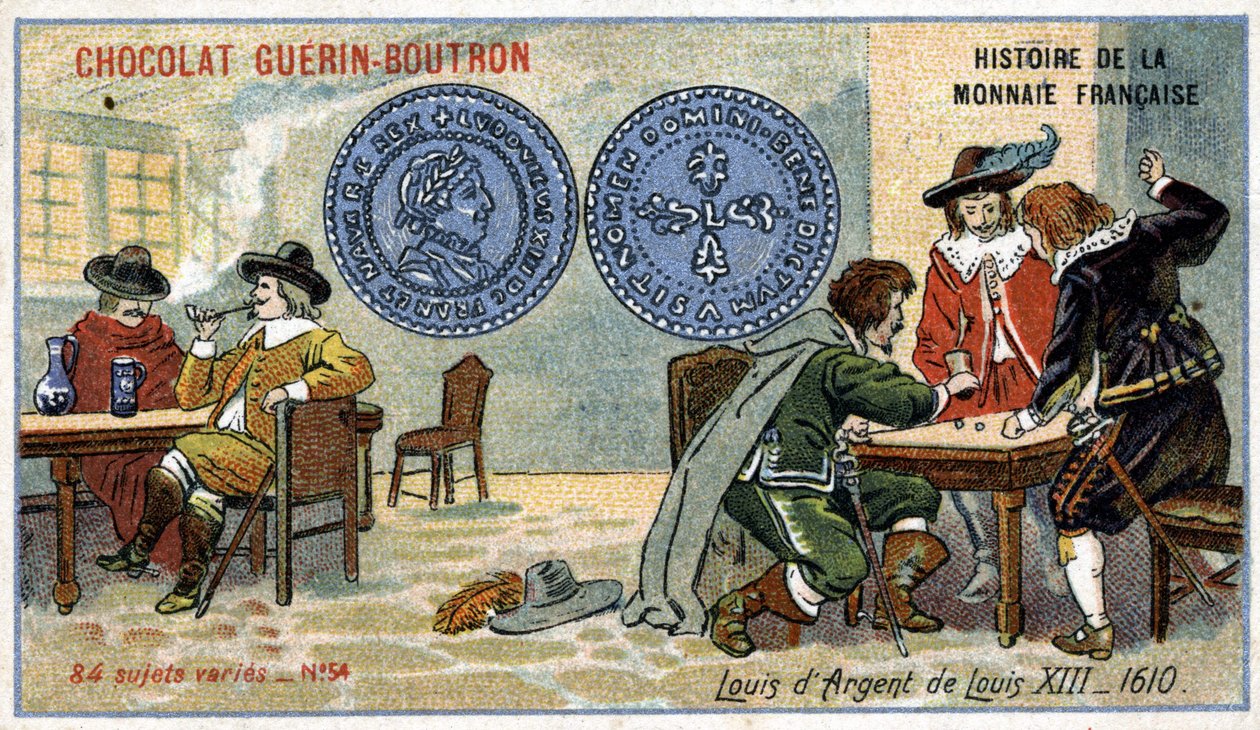 Serie Histoire de la Monnaie Française, veröffentlicht von Chocolat Guérin Boutron. Chromolithographie des 19. Jahrhunderts. Silber-Louis von Ludwig XIII. im Jahr 1610 von Unknown artist