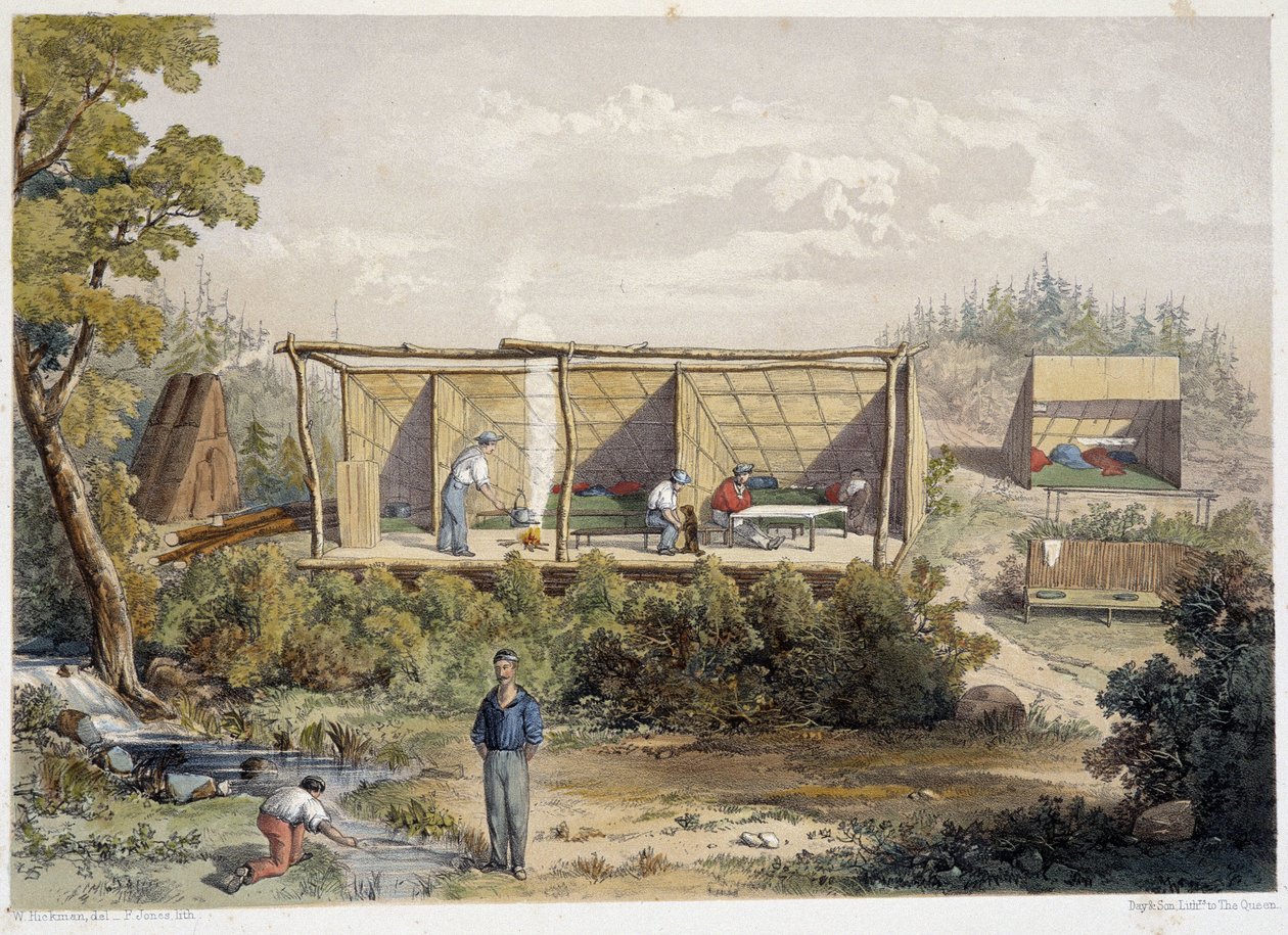 Siedlerlager in Kanada - in „Sketches on the Nipisaguit, a River of New Brunswick in America“ von William Hickman, ed. Halifax von Unknown artist