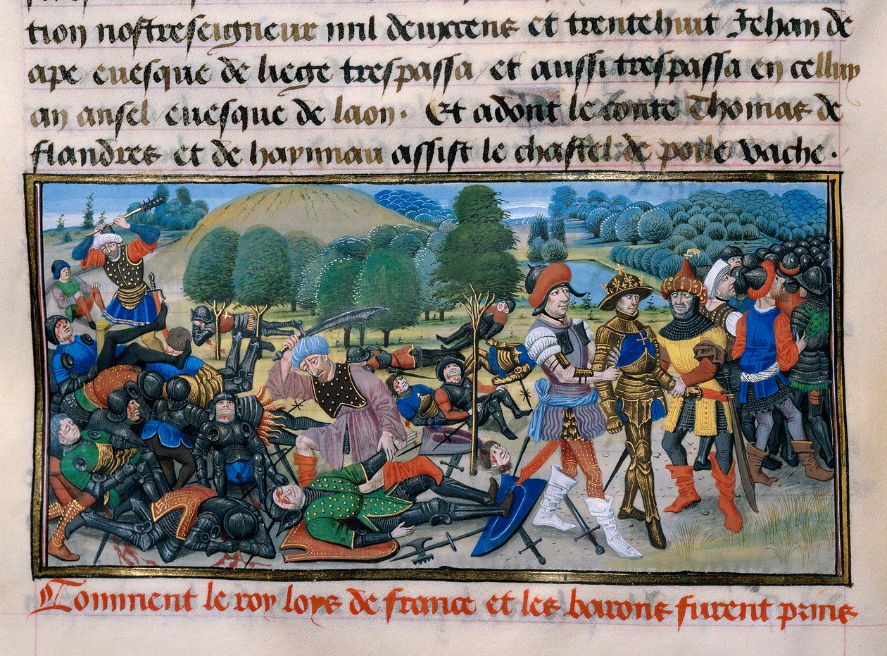 Siebter Kreuzzug: König Ludwig IX. (Saint Louis) (1214-70) wird während der Schlacht von Mansourah 1250 in Ägypten gefangen genommen, „Chronique abrégée“ von David Aubert 1250 Paris von Unknown artist