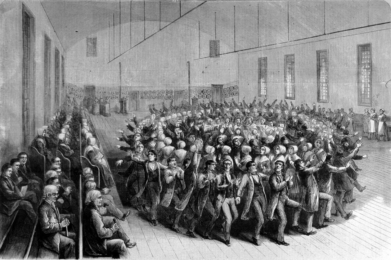 Shaking Quakers religiöse Prozession (Tanz) in New York. Illustration aus dem 19. Jahrhundert von Unknown artist