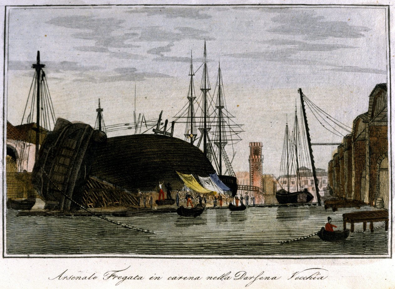 Schiff im Rumpf getroffen. Venezianische Fregatte, deren Rumpf im Arsenal repariert wird. Gravur aus dem 19. Jahrhundert von Unknown artist