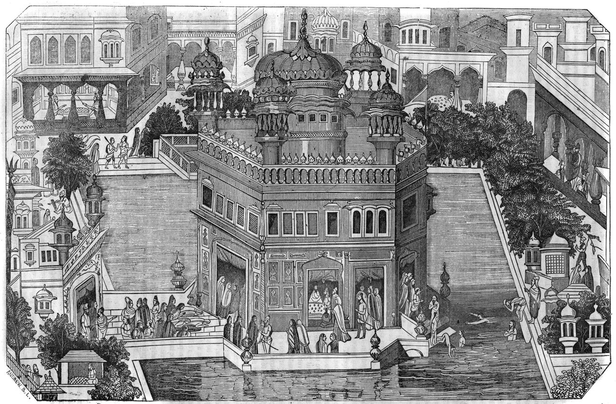 Sikhismus: Blick auf den Goldenen Tempel (Harmandir Sahib), das kulturelle Zentrum der Sikh-Religion, das Becken und die Stadt Amritsar im Bundesstaat Punjab, Indien (Königreich Lahore). von Unknown artist