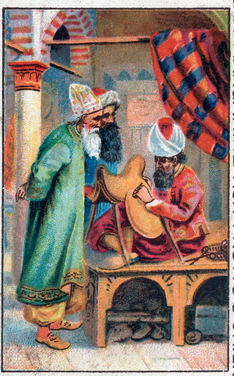 Sindbad macht einen Sattel. Die wunderbaren Abenteuer von Sindbad dem Seefahrer. Beliebtes Märchen aus 1001 Nacht (Tales of the Thousand and One Nights). Chromolithographie aus dem späten 19. Jahrhundert. von Unknown artist