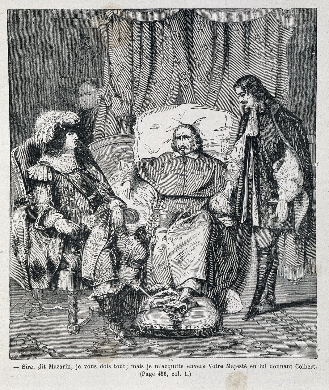 Sire, sagte Mazarin, „Ich verdanke Ihnen alles: aber ich zahle Ihrer Majestät, indem ich ihm Colbert gebe.“ Kardinal Jules Mazarin (Giulio Raimondo Mazzarino oder Mazarino) (1602-1661) präsentiert Jean Baptiste (Jean-Baptiste) Colbert (1619-1683) Louis XIV von Unknown artist