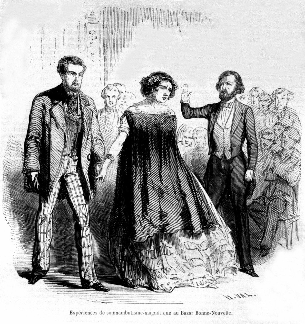 Schlafwandlerische Erfahrungen: Magnetismus und Hypnose im Bazaar de la Bonne-Nouvelle, Gravur von 1885 von Unknown artist