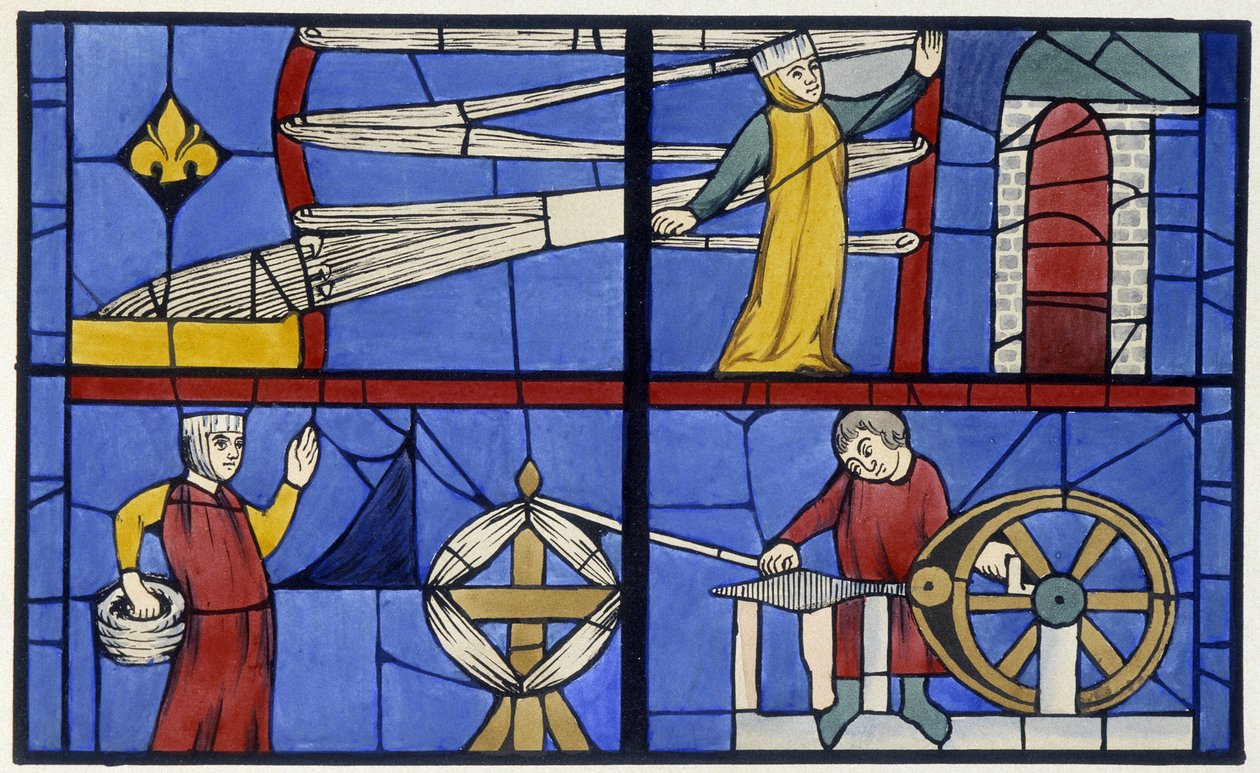 Spinnerei. Faksimile eines Glasfensters aus der Kathedrale von Amiens - in „Histoire de la peinture sur verre“ von Ferdinand de Lasteyrie von Unknown artist