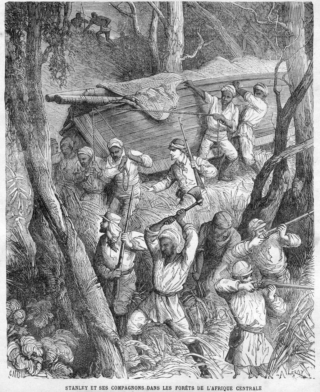 Stanley in Afrika - Stanleys Expedition nach Zentralafrika 1874-1877: Marsch durch den Dschungel - Holzschnitt nach einer Zeichnung von Horace Castelli (1825-1889) von Unknown artist