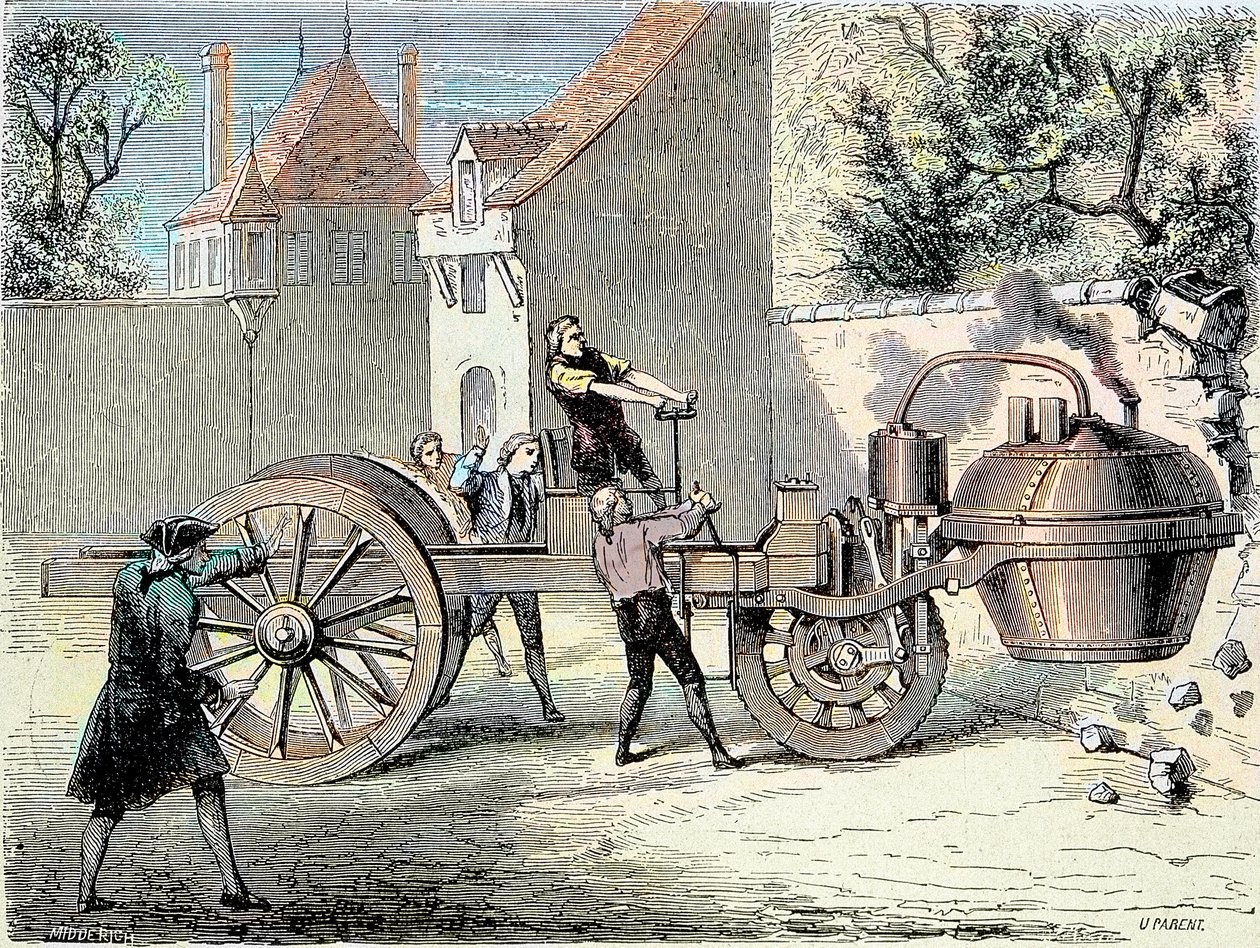 Dampfgetriebenes Auto, erfunden von Nicolas Joseph Cugnot (1725-1804), außer Kontrolle geraten und einen Teil einer Mauer umgestoßen im Jahr 1770 (erster gemeldeter „Autounfall“) - in „Album de la Science; berühmte Wissenschaftler; Große Entdeckungen“ 1896 von Unknown artist