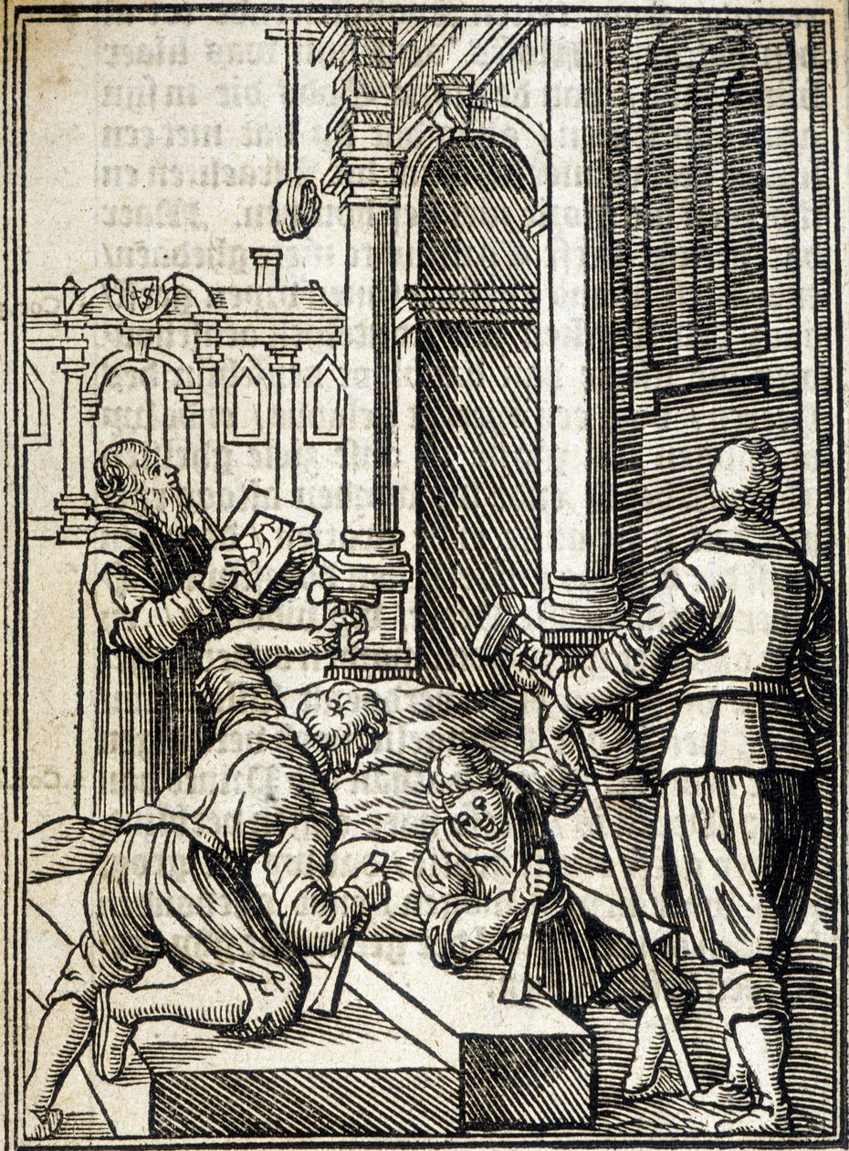 Steinmetze arbeiten am Bau einer Kathedrale - Gravur von Unknown artist