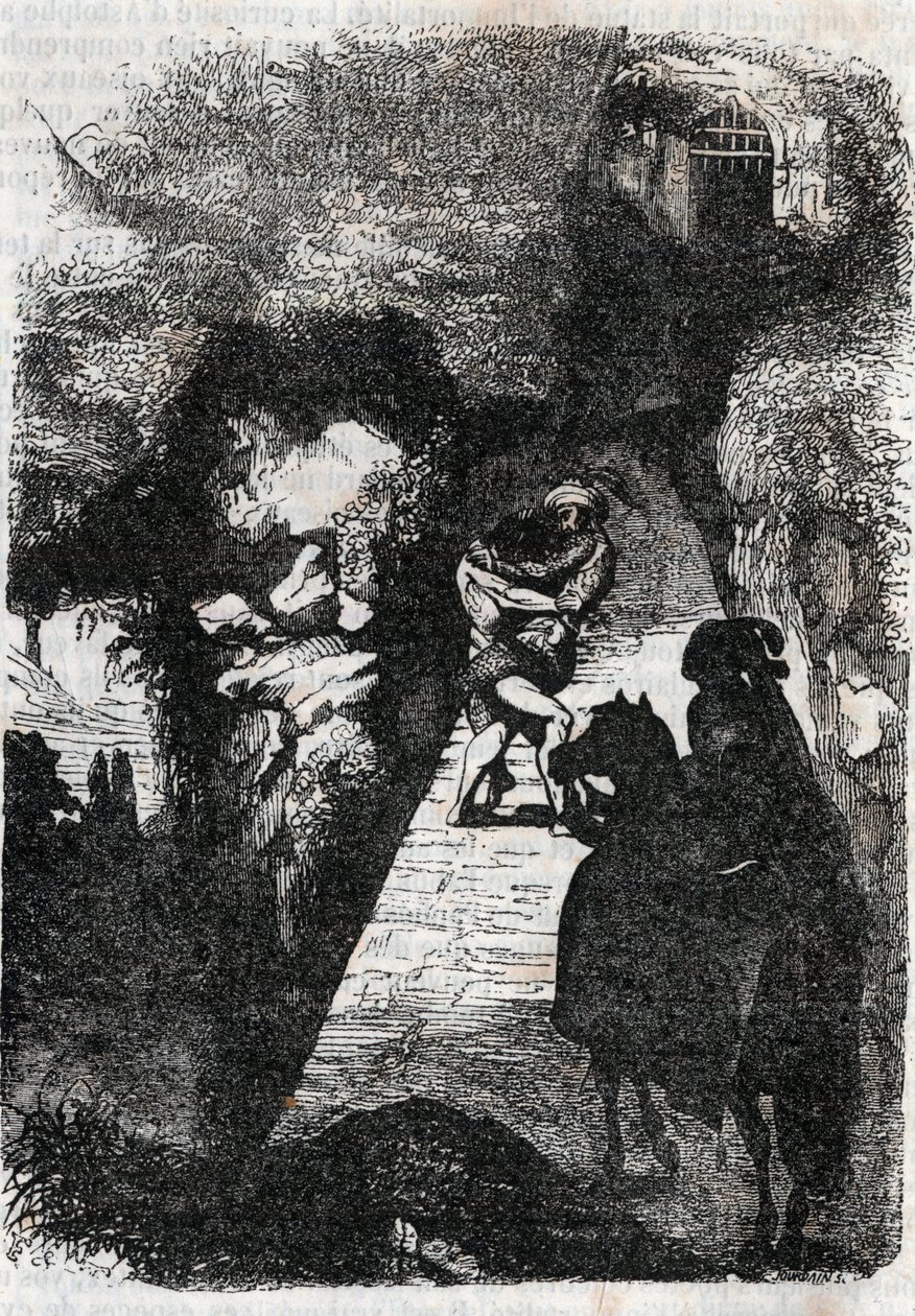 Kampf zwischen Roland und Rodomont - Gravur von 1851 aus „Furious Roland“ (Orlando furioso) (16. Jahrhundert) von Ludovico Ariosto, bekannt als Ariosto - Ausgabe übersetzt aus dem Italienischen von Graf von Tressan und veröffentlicht von Gustave Harvard von Unknown artist