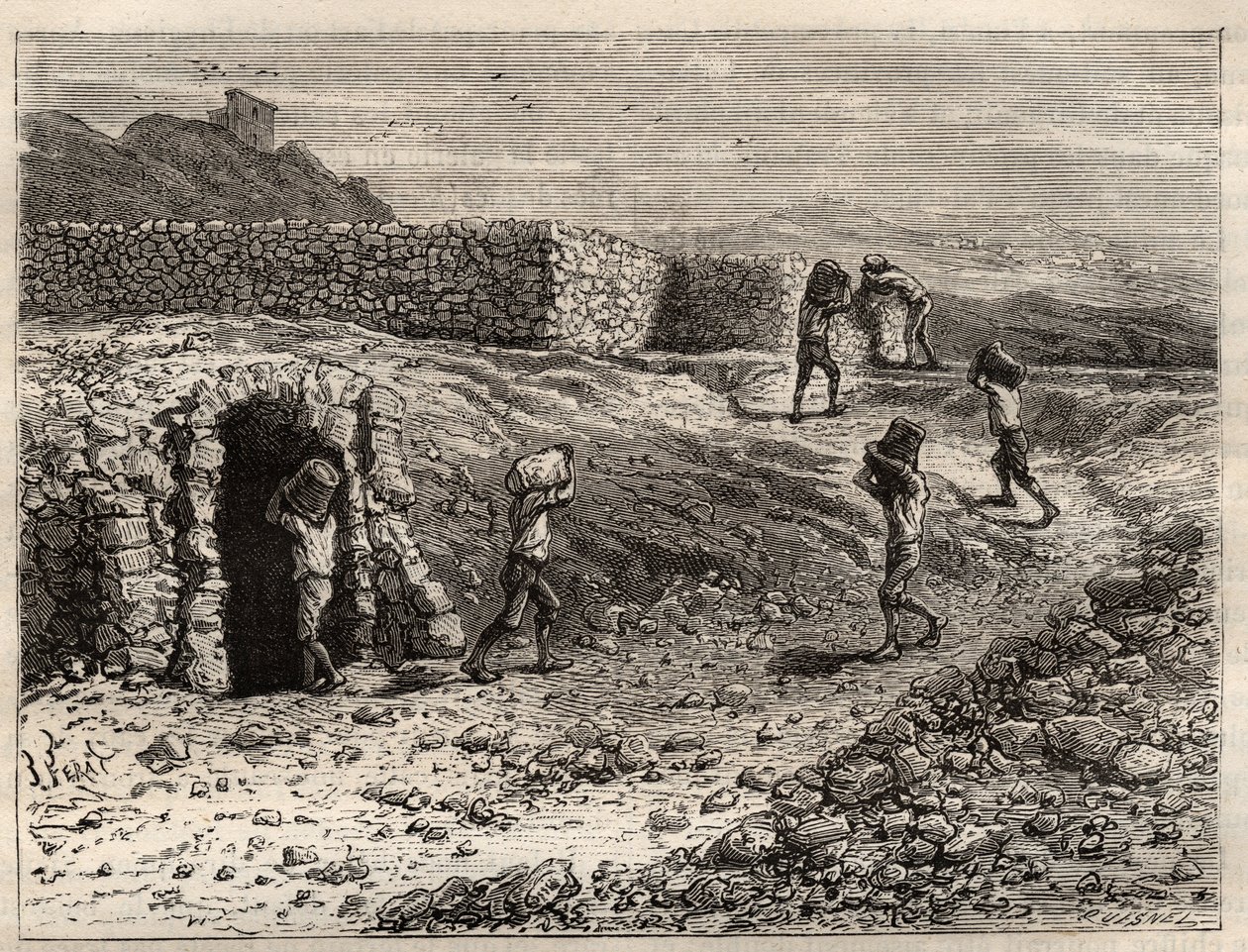 Schwefel - Eine Schwefelmine in Girgenti, Sizilien - Gravur in 