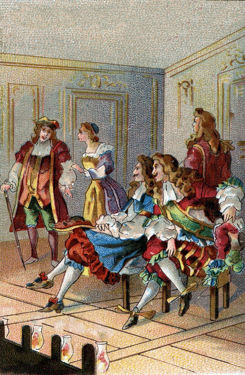 DAS THEATER DURCH DIE ZEITEN: Eine Aufführung unter Ludwig XIV. Gebrandmarkte Zuschauer besuchten die Aufführung auf der Bühne in der Nähe der Schauspieler. von Unknown Artist