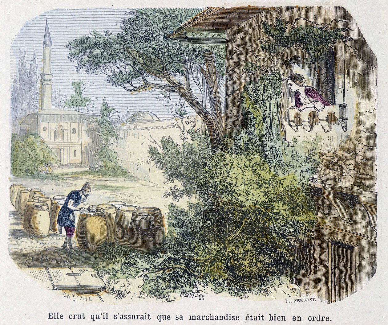Märchen: „sie glaubte, dass er sicherstellte, dass seine Waren in Ordnung waren“ - in „Tausendundeine Nacht“, ed. Emile Guérin, erzählt von Md Bondet, Paris, n.d. von Unknown artist