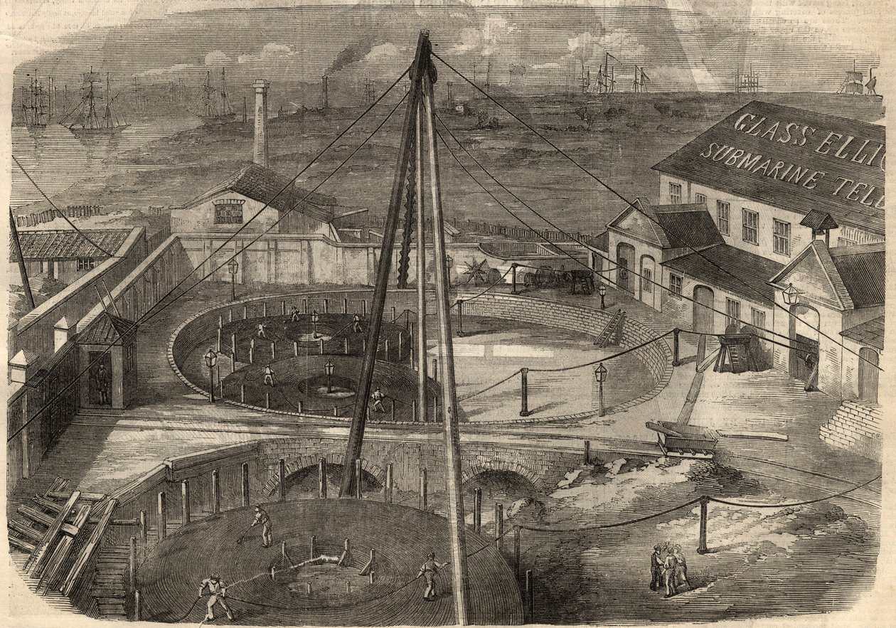 Telegrafie: Das transatlantische Kabel, hergestellt in der Glasfabrik Elliot and Company in East Greenwich (England), ist bereit zur Auslieferung. Gravur in „The Illustrated London News“ vom 14. März. von Unknown artist