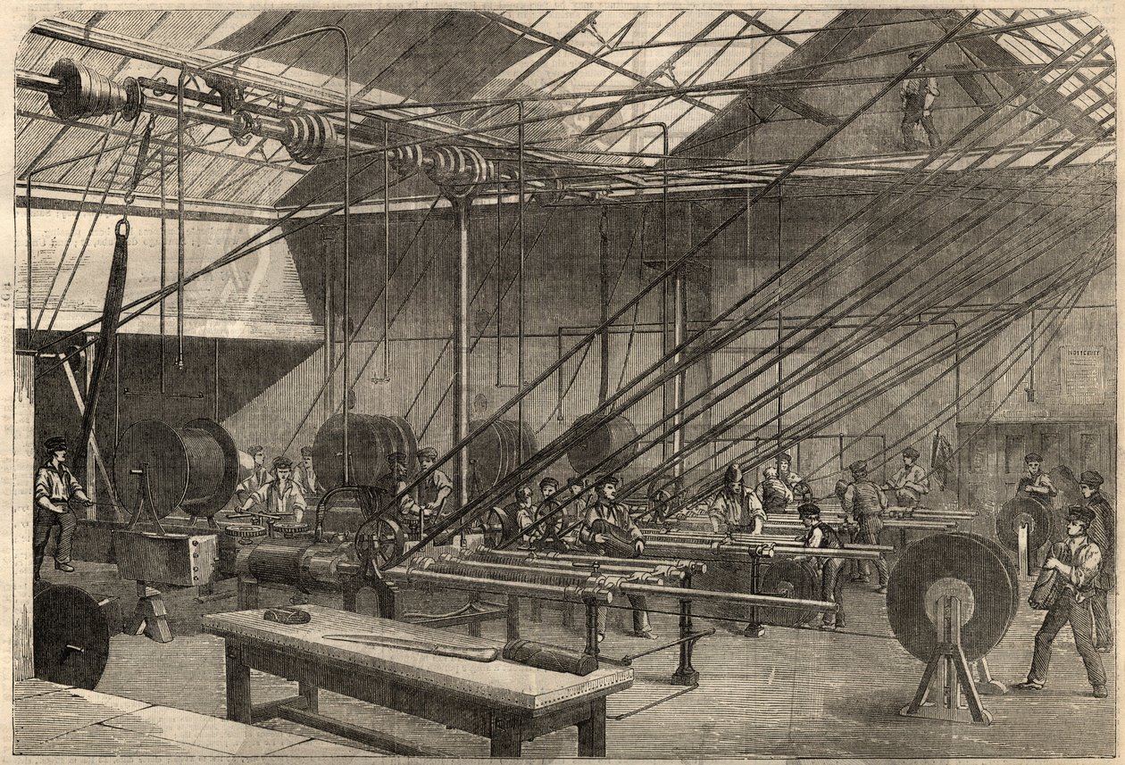 Telegrafie: Herstellung des transatlantischen Kabels. Maschinen, die das Guttapercha-Kabel in der Fabrik von Glass, Elliot and Company in Wharf Road in London, England, beschichten. Gravur in „The Illustrated London News“ vom 14. März von Unknown artist