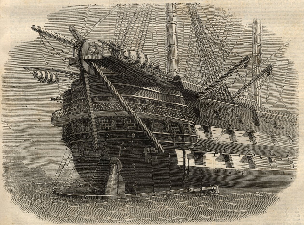 Telegrafie: Ansicht des Hecks des Schiffes H.M.S. „Agamemnon“, das das erste transatlantische Kabel verlegen wird. Gravur in „The Illustrated London News“ vom 5. Juni. von Unknown artist