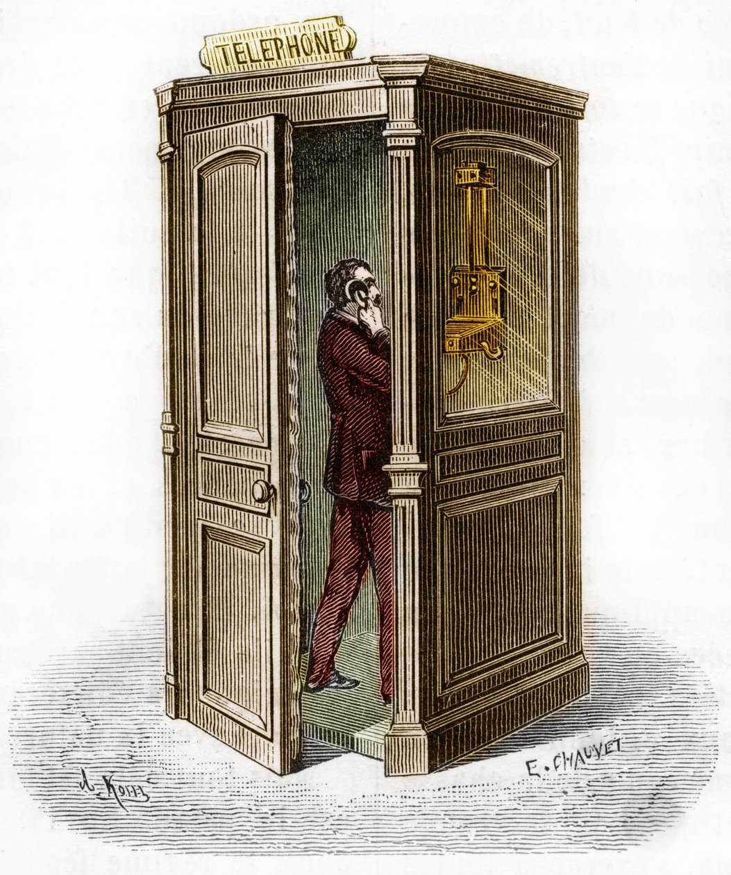 Telefonzelle im Jahr 1888. Gravur in "Das Journal der Jugend" von Unknown artist