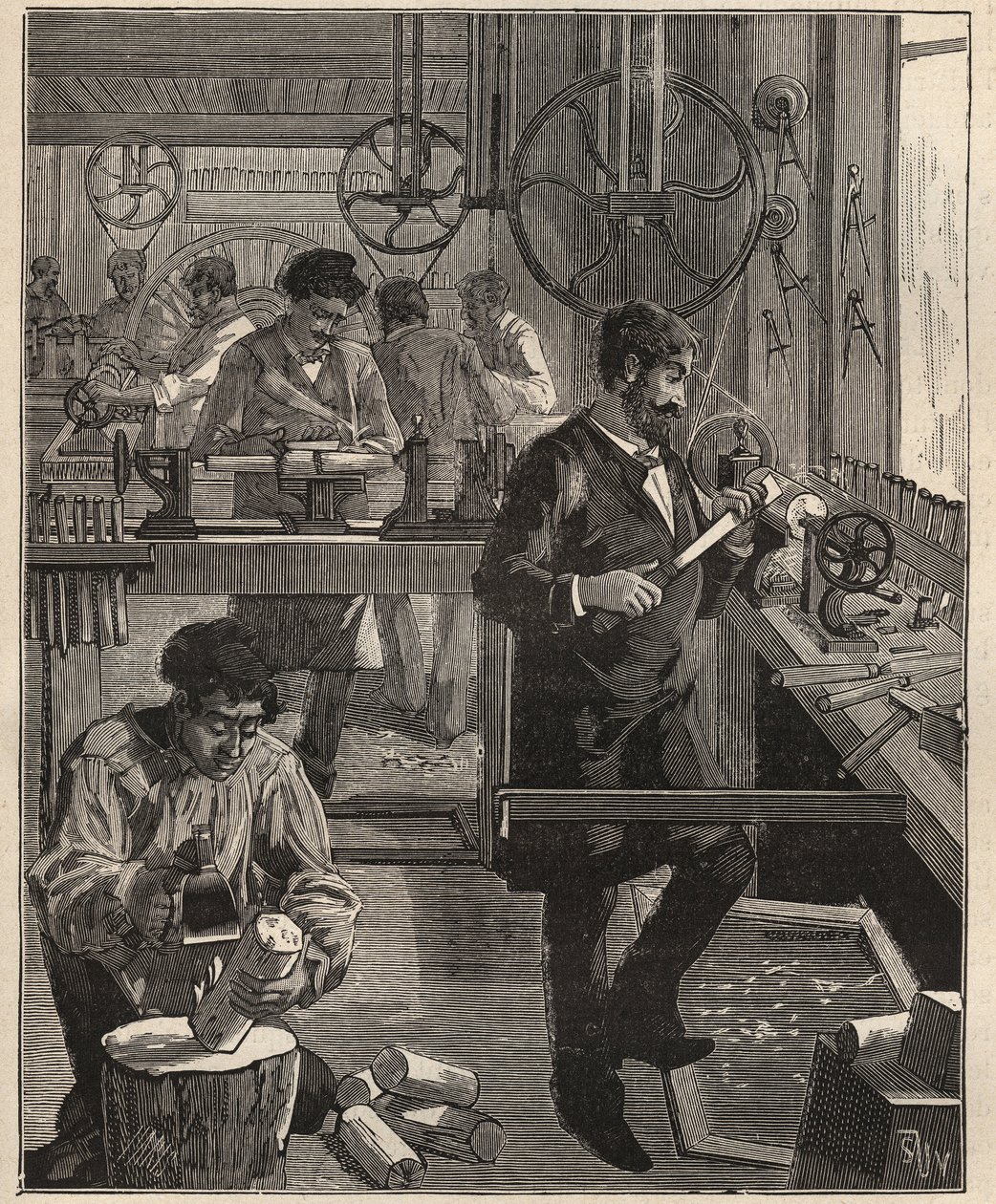 Die Kunst des Drehens: Drechslerwerkstatt auf Holz. Gravur von 1885 in „Les arts et métiers illustrés“ von Adolphe Bitard. von Unknown artist