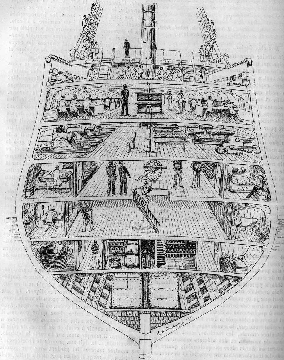 Die „Borda“: Querschnitt des Bootes. Zeichnung von M. L. de Saussure. Gravur in „Le journal de la jeunesse“ von Unknown artist