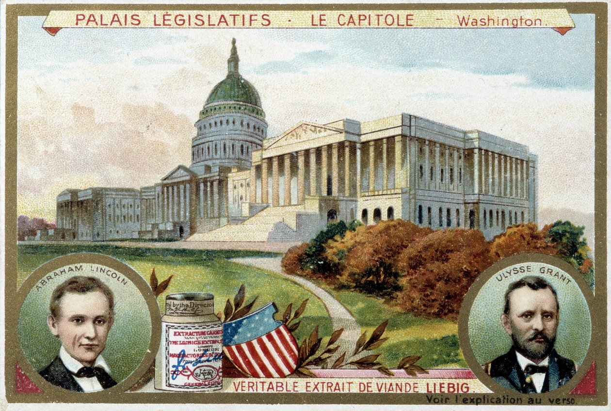 Das Kapitol, amerikanischer Kongresspalast, Washington (USA), mit Porträts von Abraham Lincoln (1809-1865) und Ulysses Grant (1822-1885) - Liebig Chromolithographie von Unknown artist