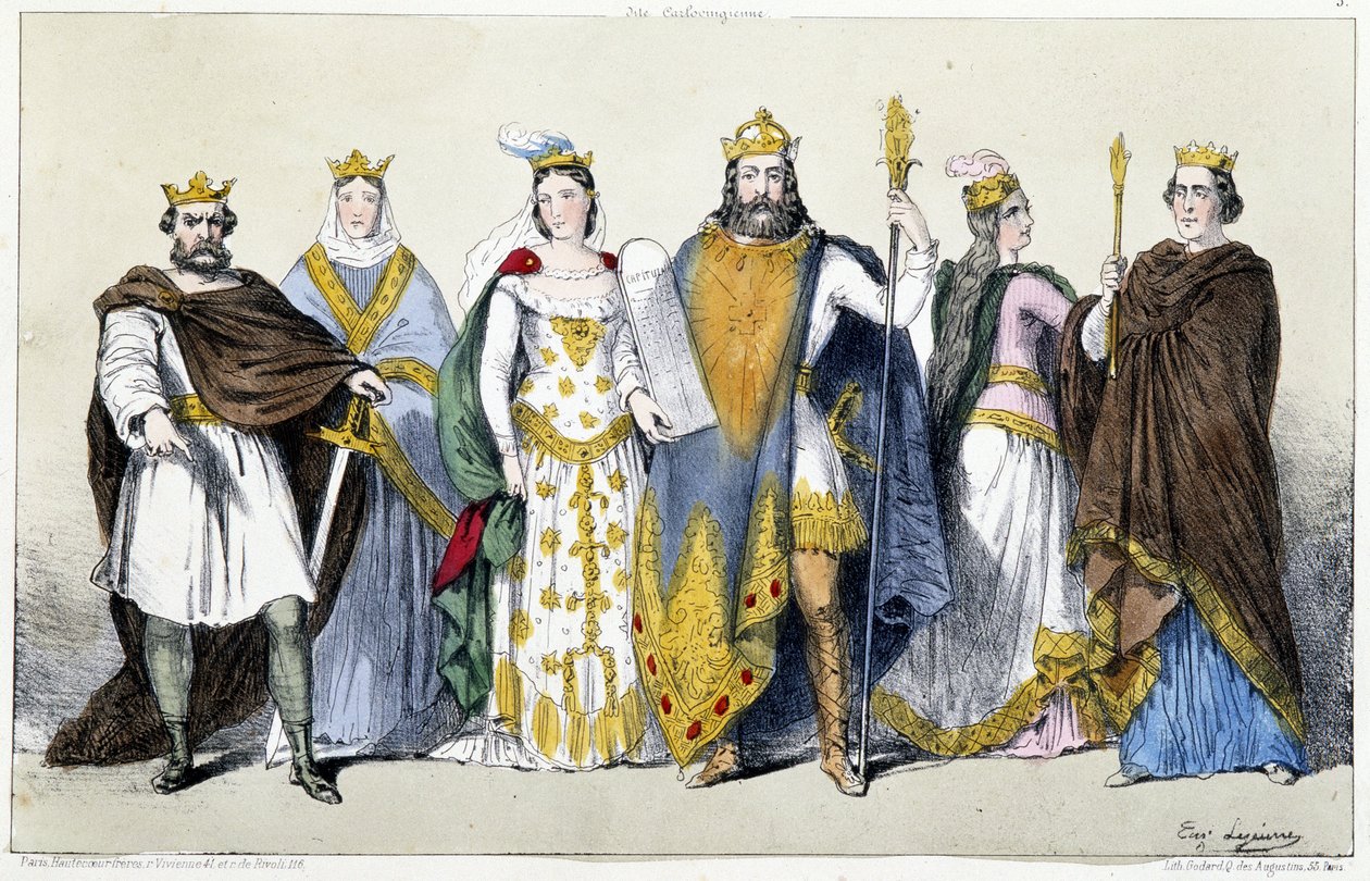 Die Karolinger: Pippin der Kurze (715-768) und Bertrada von Laon (Berthe aux grand pieds) (720-783), Karl I. genannt Karl der Große (742-814) und Hildegard von Vintzgau (758-783), Ludwig I. genannt der Fromme oder der Milde (778-840) und Ermengarde von Hes von Unknown artist