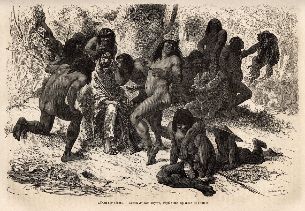 Die Chunchos-Indianer überfielen das Team von Marcoy im Caravaya-Tal (Anden-Kordillere), aber diese hatten nichts zu stehlen, die Indianer hatten Spaß daran, die Entdecker auszuziehen und sie mit Rocoo-Samen zu schminken. Gravur zur Illustration der Reise  von Unknown artist