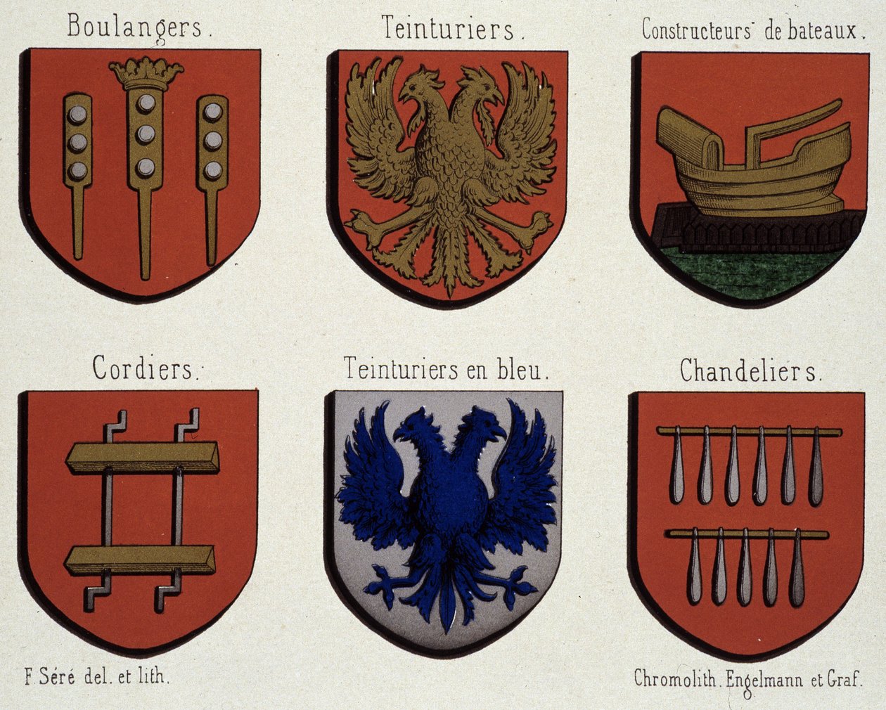 Die Wappen von Gent (Beispiel der Wappen des Mittelalters): Bäcker, Färber, Bootsbauer, Seiler, Blaumaler, Kerzenmacher von Unknown artist