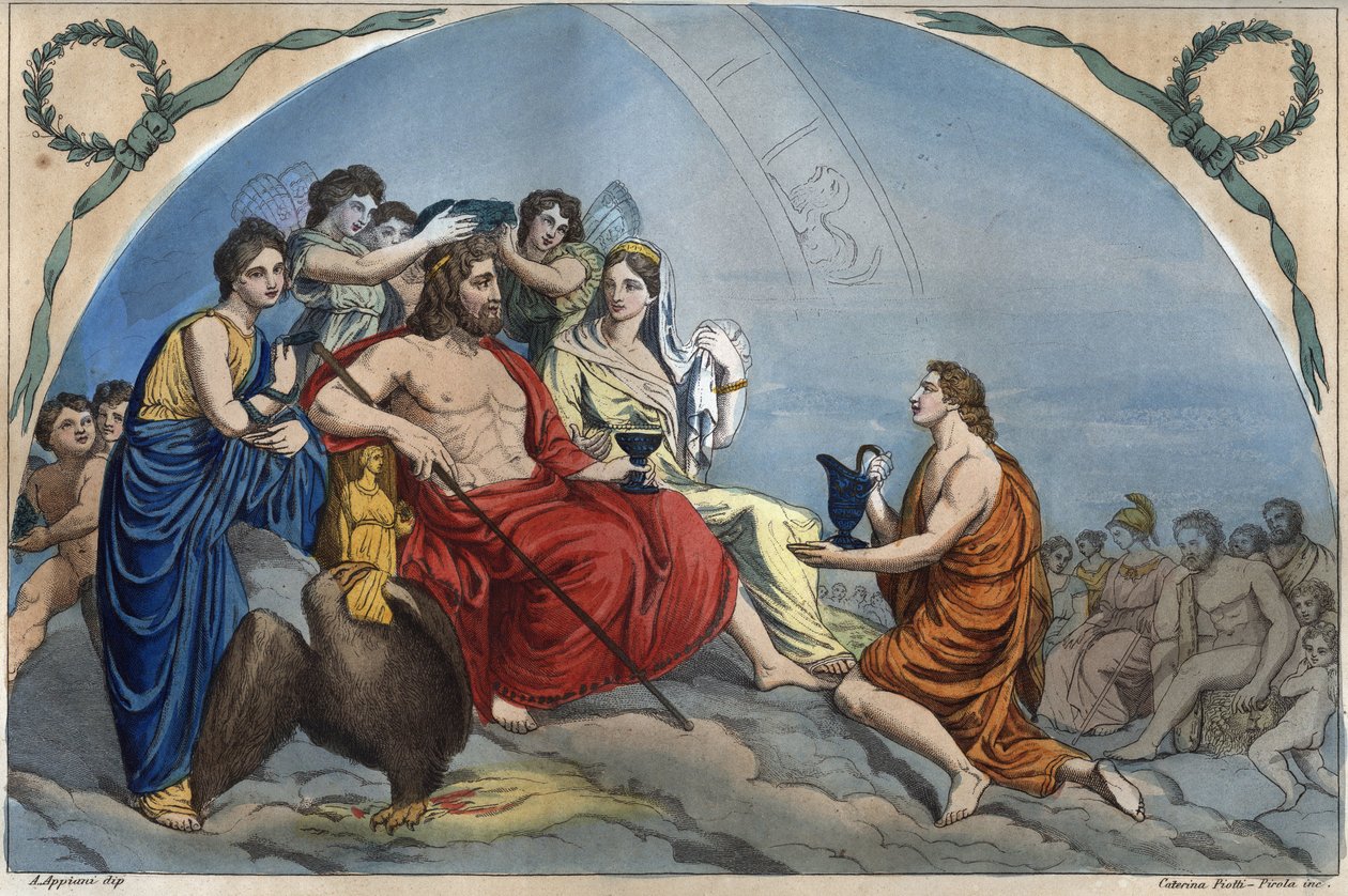 Der Rat der Götter (oder Versammlung der Götter): Zeus auf dem Olymp umgeben von Gottheiten - Olymp- Gravur aus „Usi e Costumi di Tutti i Popoli dell