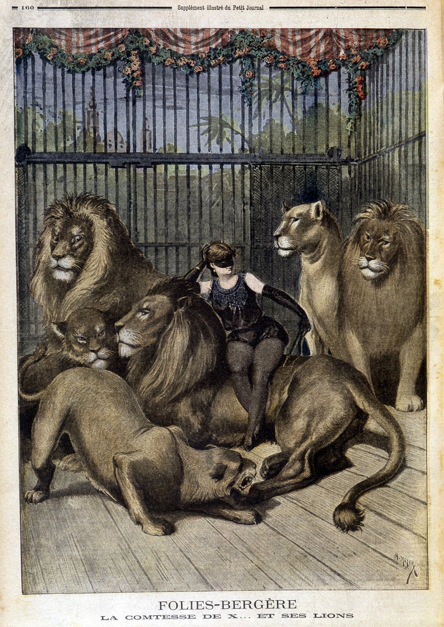 Die Gräfin von X... und ihre Löwen bei der Show im Folies Bergère in Paris. In Le petit Journal, am 19.05.1895 von Unknown artist