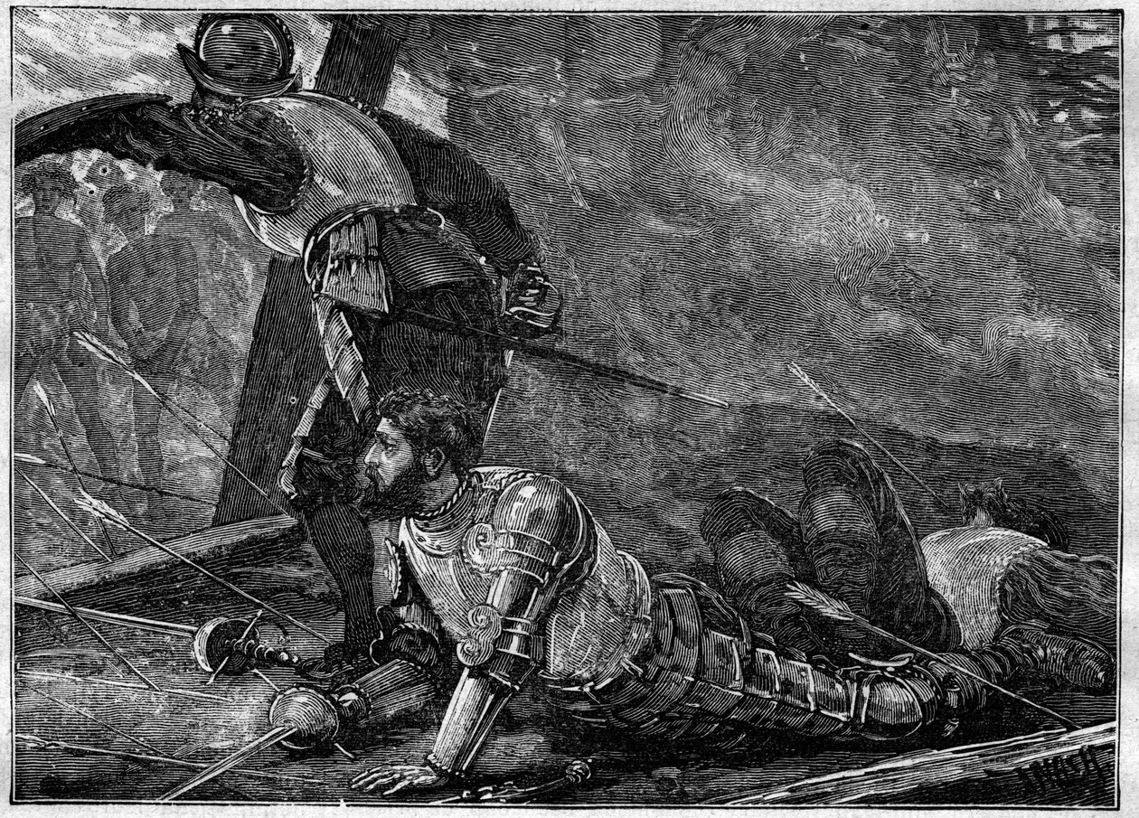 Der Tod von Juan de la Cosa - Tod von Juan de la Cosa (1460-1510), Kartograf, Konquistador und spanischer Entdecker in Cartagena, Kolumbien - Gravur von 1887 von Unknown artist