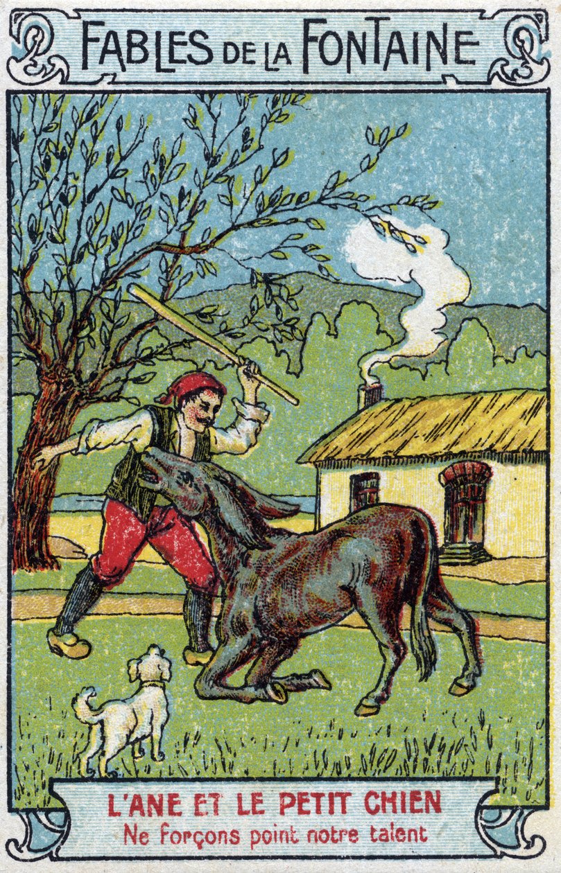 Der Esel und der kleine Hund - Fabeln von Jean de La Fontaine (1621-95) Chromolithographie aus dem späten 19. Jahrhundert Private Sammlung von Unknown artist