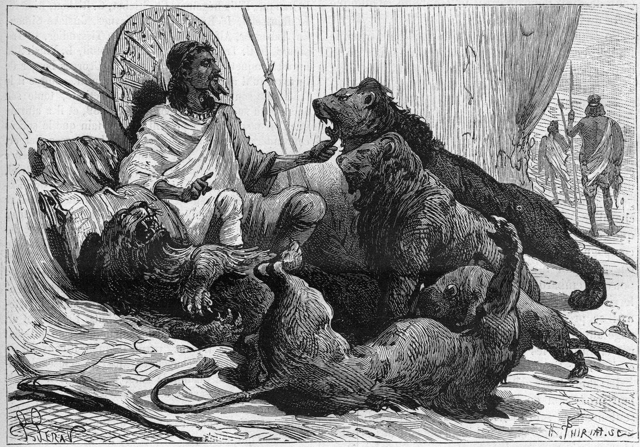 Der Kaiser (Ras) Theodoros von Abessinien umgibt sich mit seinen Löwen. In „Nature“ von 1888 von Unknown artist
