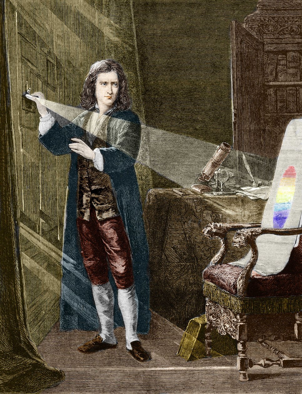 Der englische Physiker Isaac Newton (1642-1727) zerlegt Licht mit einem Glasprisma. Gravur von 1880 von Unknown artist
