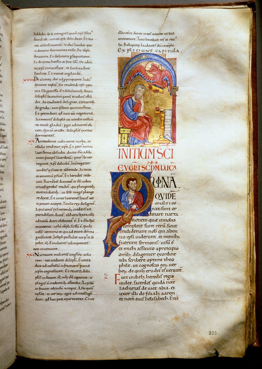 Das Evangelium des Heiligen Lukas dargestellt mit dem Stier (Seite einer illuminierten Bibel Ms.721-Foglio 223r) aus dem frühen 12. Jahrhundert von Unknown artist