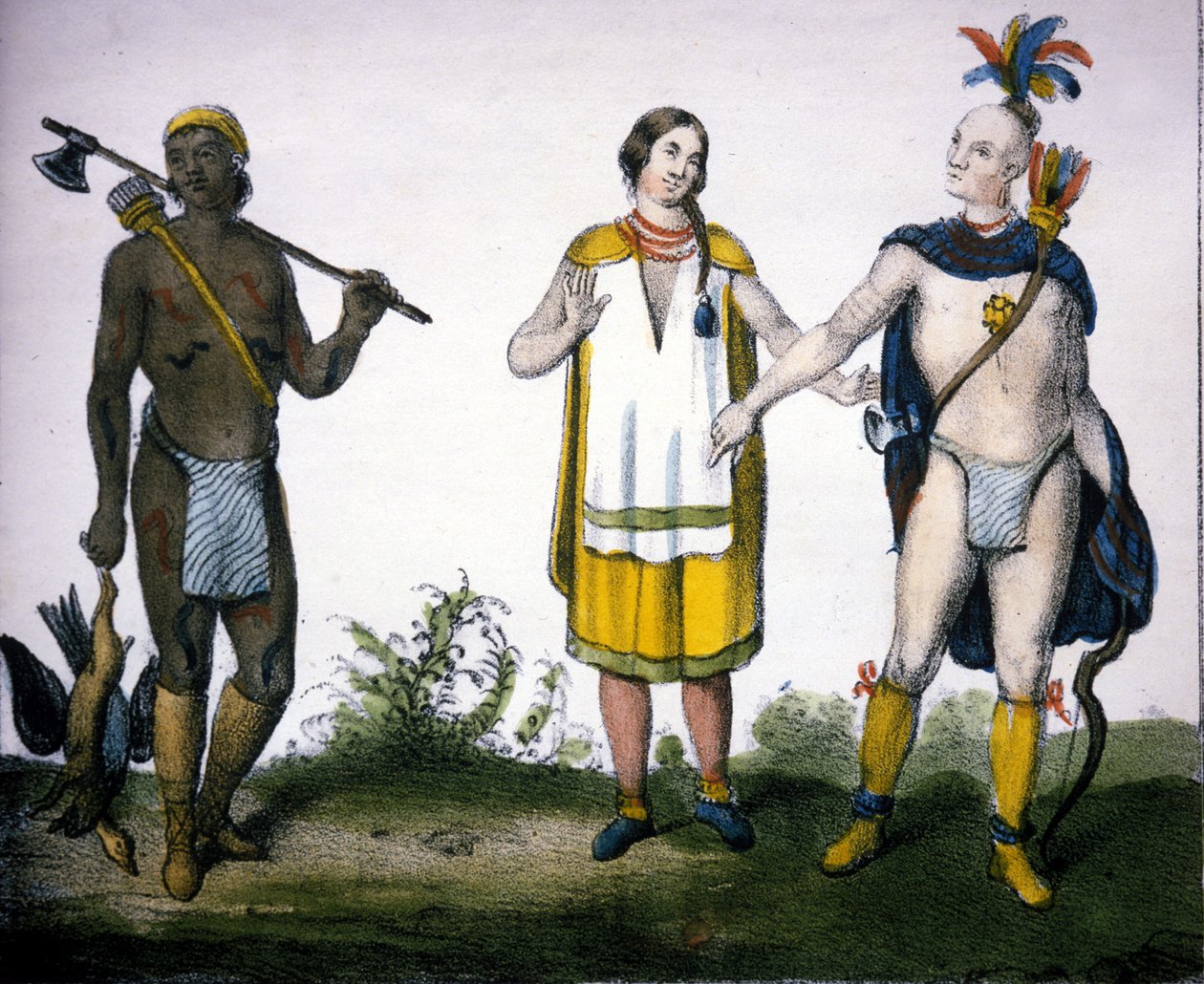 Die Indianer Kanadas: ein Jäger (Akadier), eine Frau und ein Krieger. Lithographie aus „Galleria Universale di tutti i popoli del mondo“, Mailand von Unknown artist