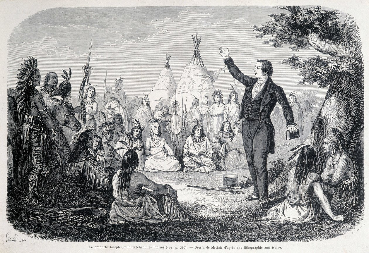 Der Mormonenprophet Joseph Smith predigt den Indianern (Nordamerika). Illustration aus dem 19. Jahrhundert von Unknown artist