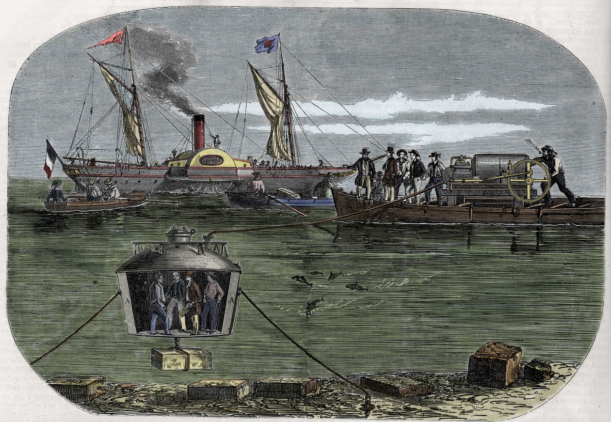 Die „Nautilus“ Taucherglocke von Dr. Antoine Prosper Payerne, experimentiert in der Seine, Paris, und dann in den USA perfektioniert. Gravur (1858) in Le „Monde illustré“. von Unknown artist