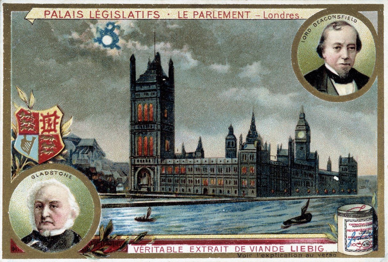 Der Palast von Westminster, oder Parlament von London (England), mit Porträts von William Ewart Gladstone (1809-1898) und Benjamin Disraeli, Lord Beaconsfield (1804-1881) von Unknown artist