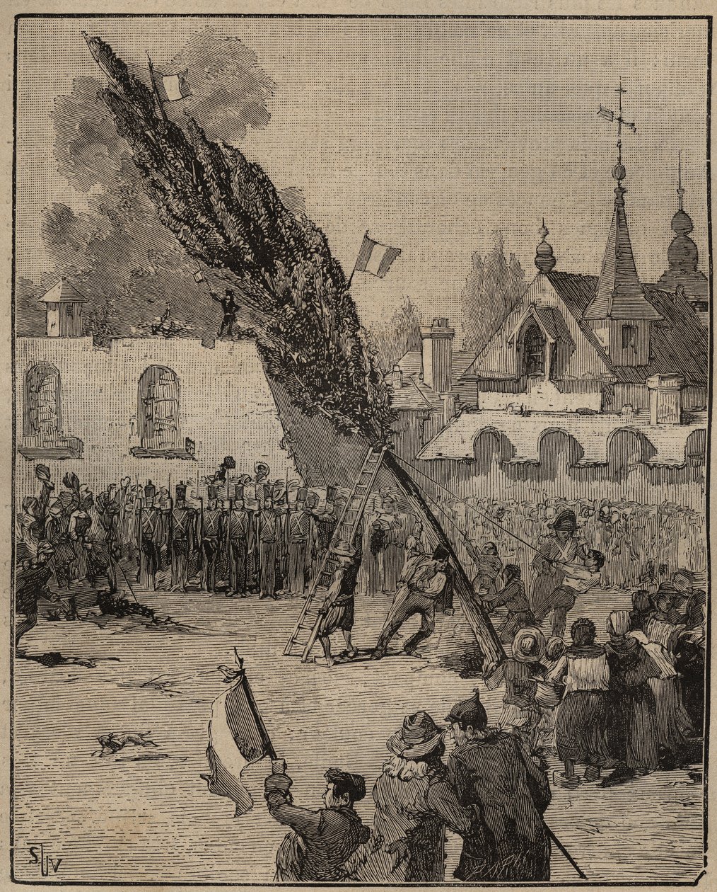 Die Pflanzung eines Freiheitsbaums während der Revolution (Freiheitspol) - Pflanzung eines Freiheitsbaums (Pappel) in Frankreich. Gravur von 1885 in „Les arts et métiers illustrés“ von Adolphe Bitard. von Unknown artist