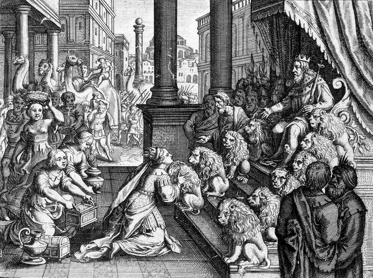 Die Königin von Saba vor König Salomo - Gravur aus einer Bibel des 17. Jahrhunderts von Unknown artist