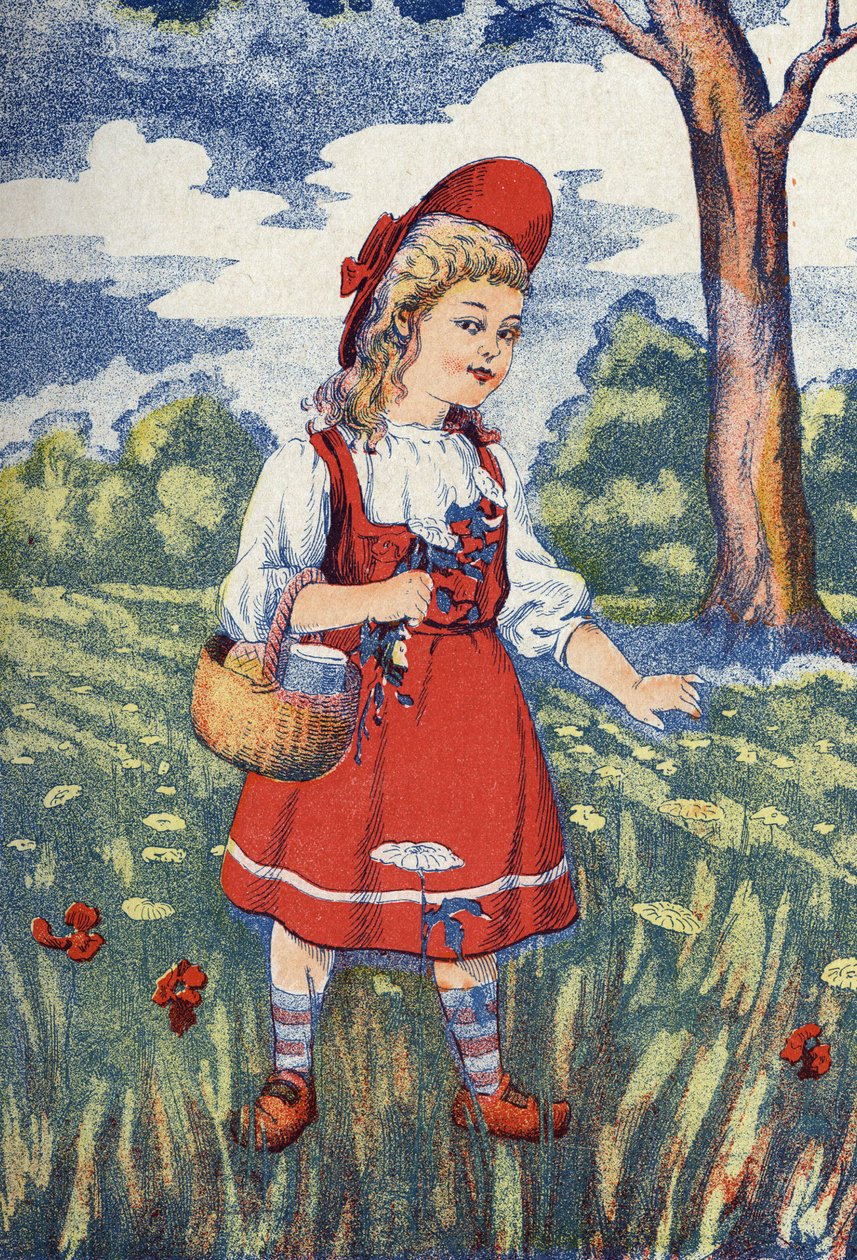 Rotkäppchen hat Blumen. Illustration für „Rotkäppchen“, Märchen von Charles Perrault (1628-1703), französischer Schriftsteller. Anonyme Illustration. Bildmaterial Marcel Vagne, Jarville Nancy, undatiert (spätes 19. Jahrhundert) von Unknown artist