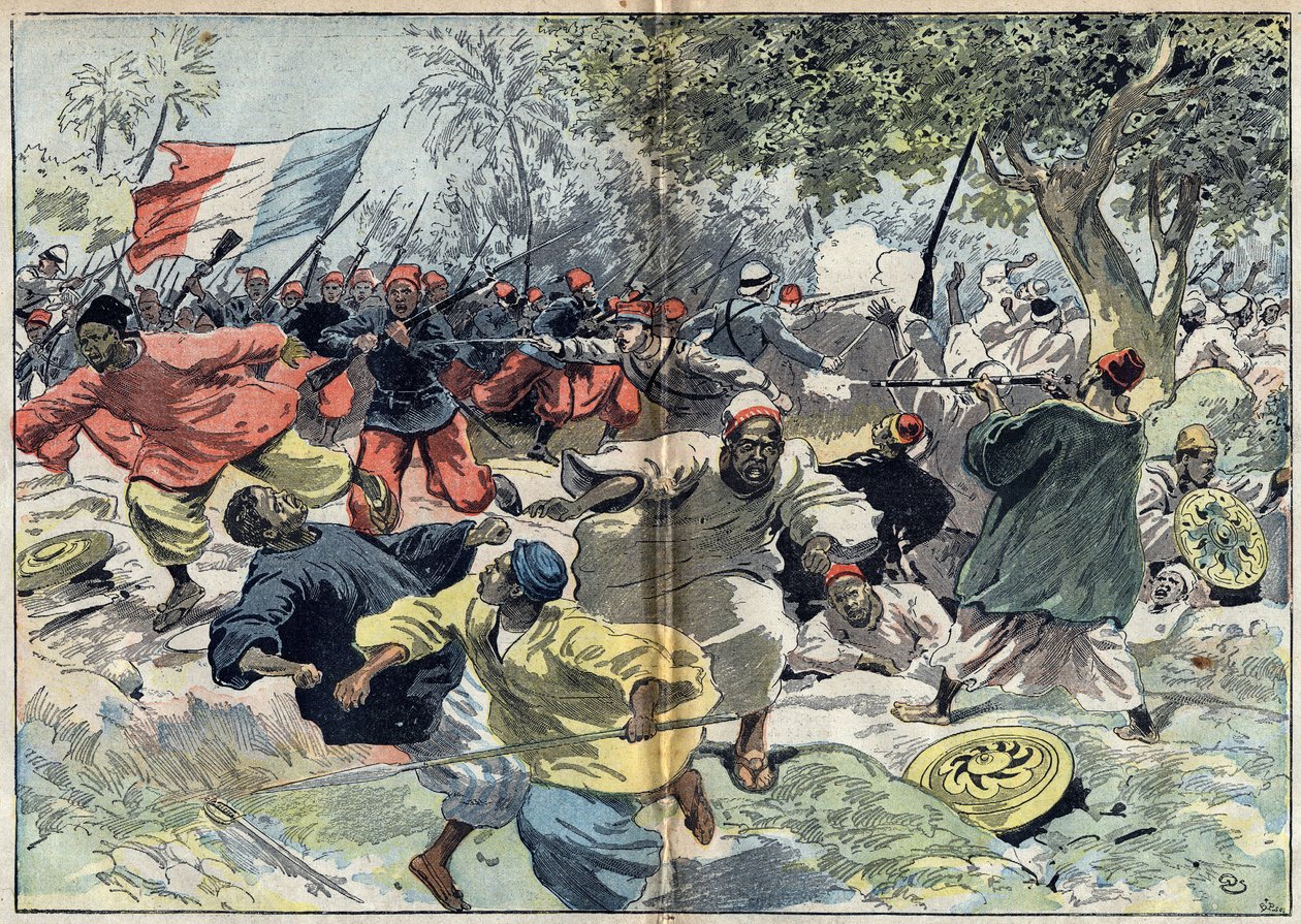 Die sudanesischen Truppen von Samory Toure wurden hinter den Ufern des Cavalby-Flusses von einer französischen Kolonie unter Leutnant Walfel aufgestellt. Sudan, 9. September 1898. Illustration in „Le Pelerin“ vom 9. Oktober von Unknown artist