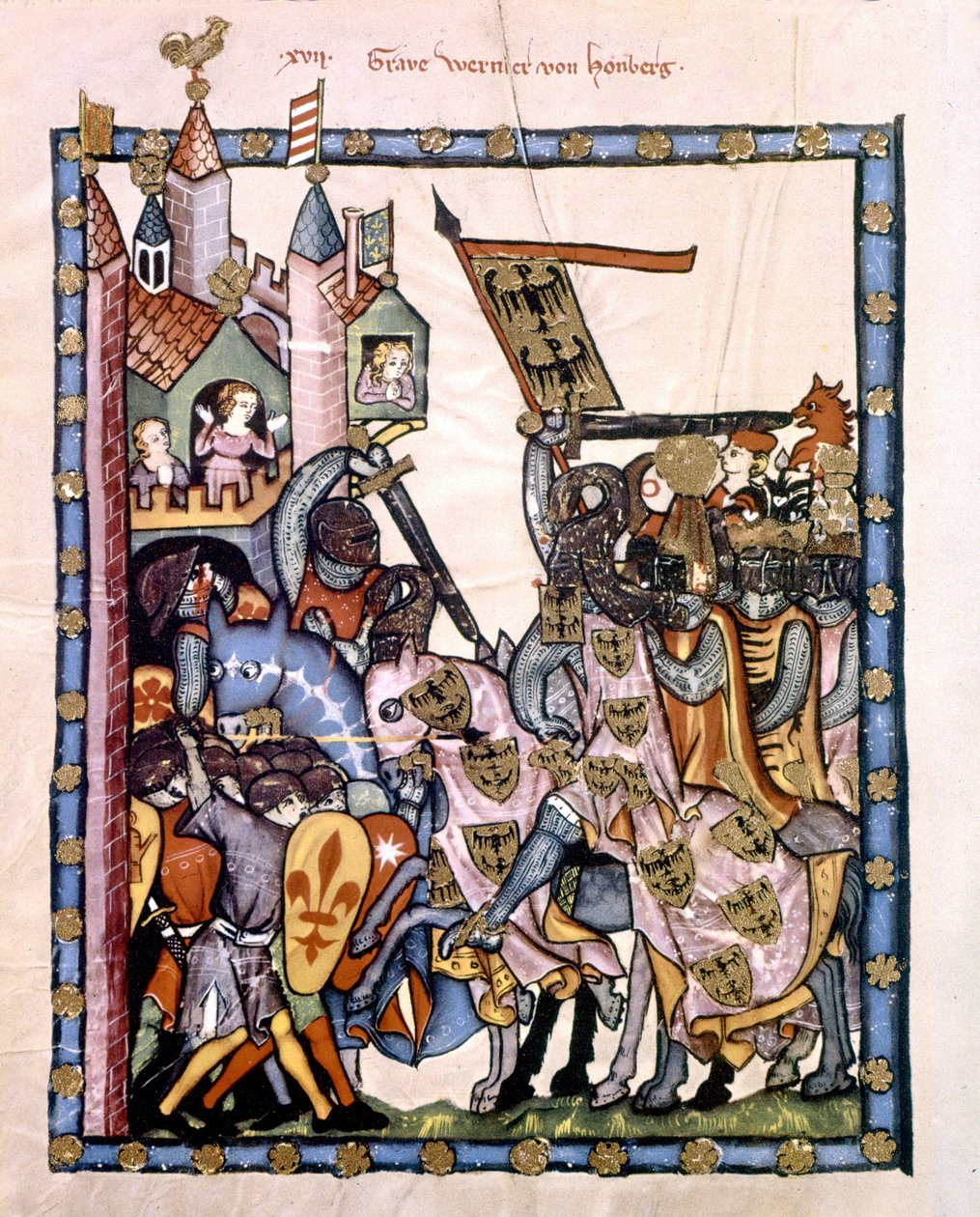 Der Schweizer Dichter und Ritter Graf Werner von Homberg (1284-1320) im Dienst von Kaiser Heinrich VII. belagerte eine Festung, die von den Anjou-Truppen von Sizilien verteidigt wurde. Miniatur des Codex „Manesse“ oder „Manessesche Liederhandschrift“ von Unknown artist